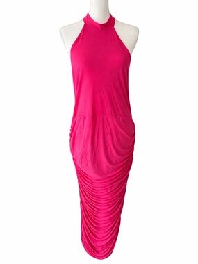 Club London Chrissy Hot Pink Halterneck Ruched Midi Dress Size 16